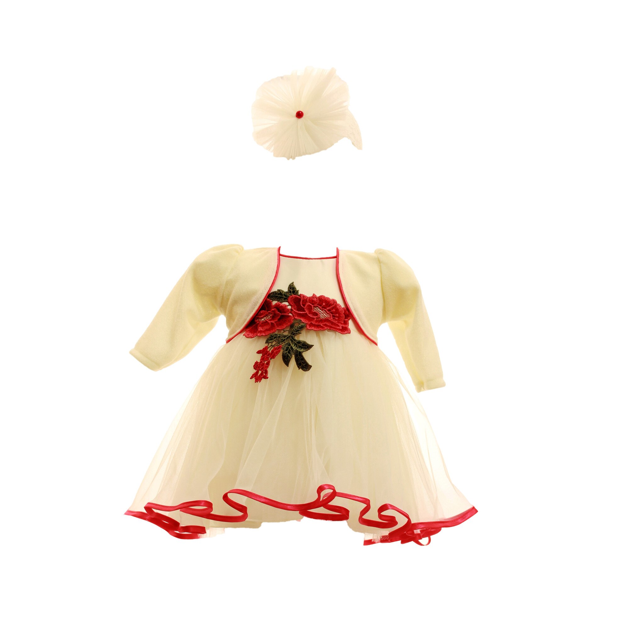 Rochie trei piese, culoare alb/roz, cu flori atasate pentru botez, varsta 3-6 luni