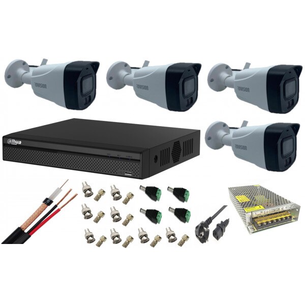 Kit 4 camere supraveghere 5MP LED Starlight FullColor 40m, IP67 + DVR 4 canale 4K Dahua + Sursa + Cablu + Mufe