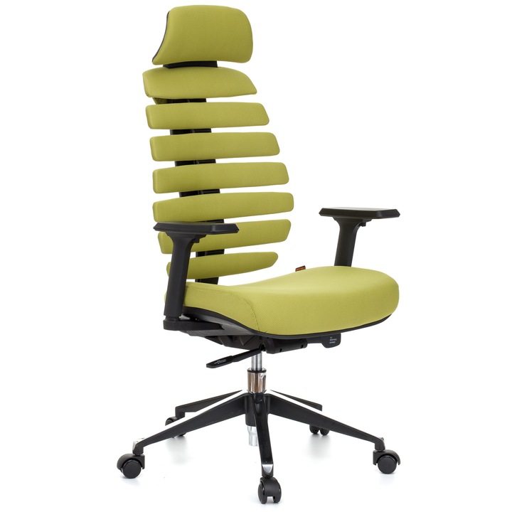QMOBILI ERGO LINE HI Világos zöld ergonomikus szék, szövet, fejtámla, csúszó ülés, önállóan állítható deréktámasz, állítható 3D karfa, alumínium csillagláb, gumírozott görgők