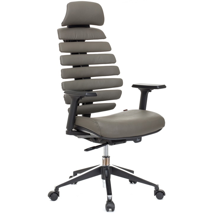 QMOBILI ERGO LINE PRO Szürke ergonomikus szék, valódi bőr, fejtámla, csúszó ülés, önállóan állítható deréktámasz, állítható 3D karfa, alumínium csillagláb, gumírozott görgők