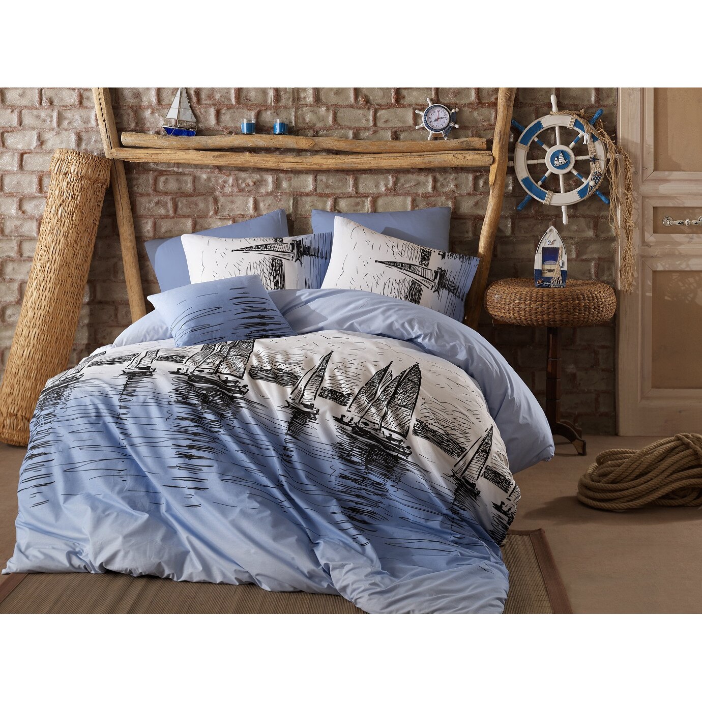Lenjerie de pat pentru 2 persoane 5 piese Boat Decona, 100% bumbac ranforce