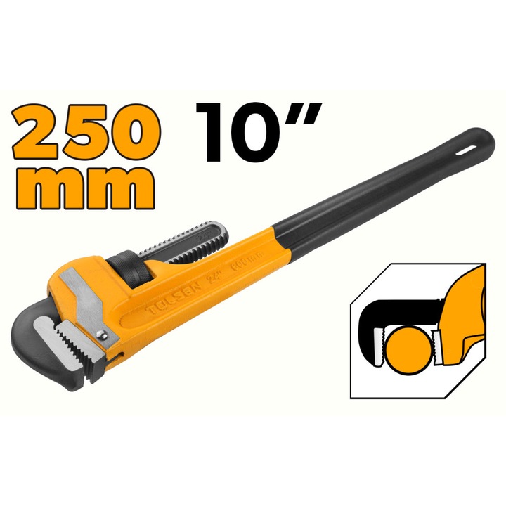Cleste mops TOLSEN 250 mm Cr-MO, falca forjata, maner inclinat, deschidere maxima 34 mm, otel crom-molibden rezistent, pentru utilizare industriala, falca mobila autoreglabila pentru prindere stabila, otel forjat tratat termic pentru rezistenta maxima