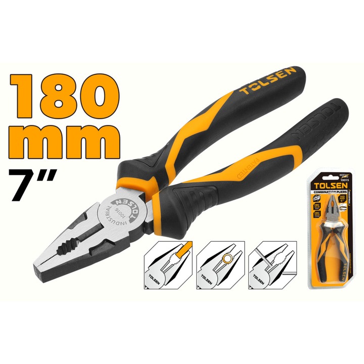 Cleste combinat TOLSEN GRIPro 180 mm (7"), Otel Cr-V, Maner ergonomic 2 componente, Finisaj negru anticoroziv, Uz industrial, Prindere precisa