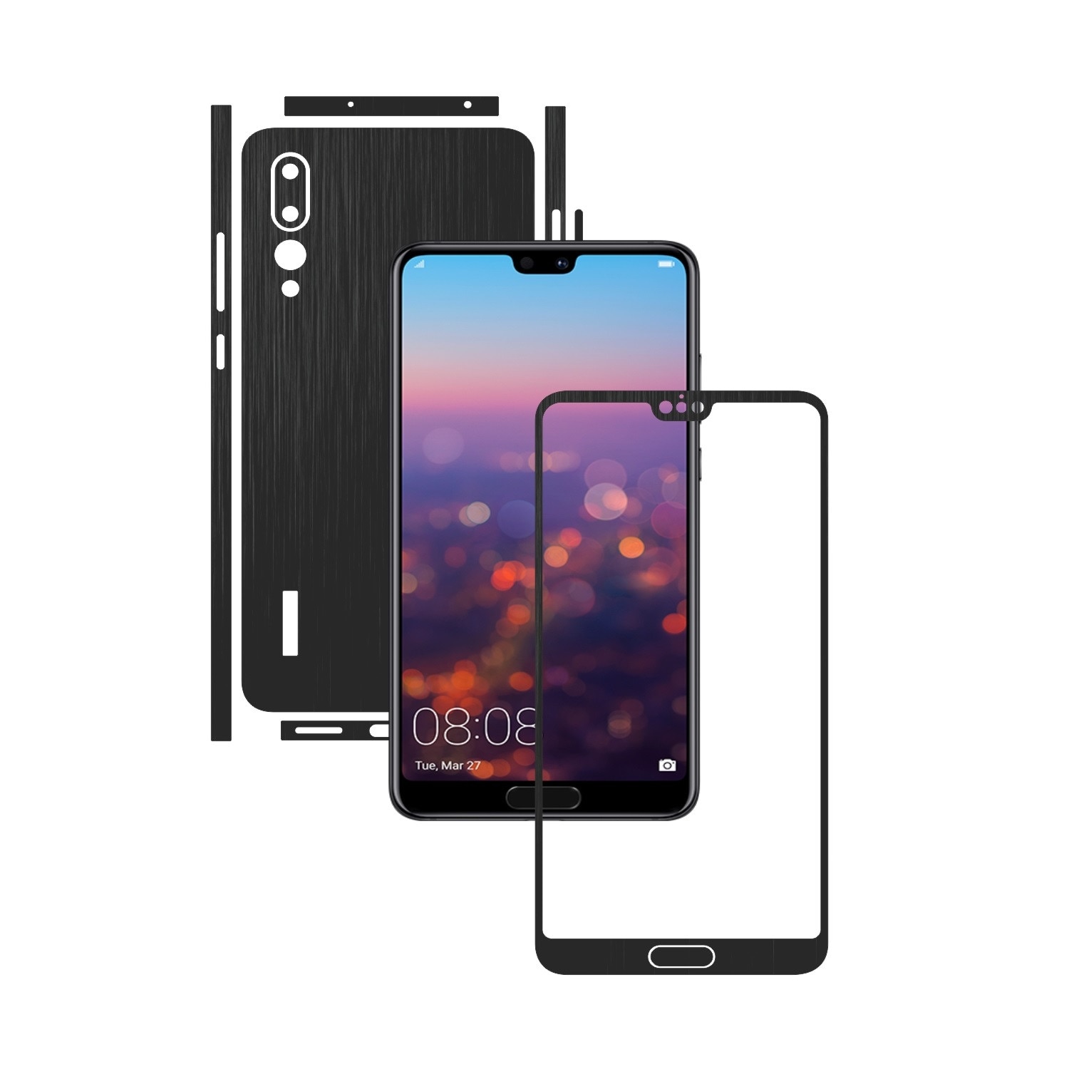 1 + 1 GRATUIT - Huawei P20 Pro - Brushed Negru - Folie de protectie Carbon Skinz, Husa Full Body Cover de tip Skin Adeziv pentru Rama Ecran,Carcasa Spate si Laterale