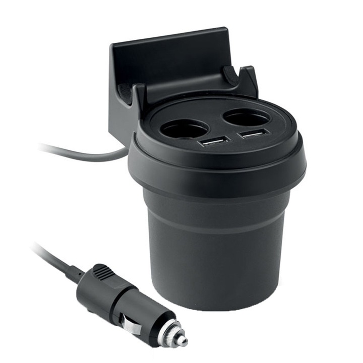 Adaptor priza dubla pentru bricheta auto +2 porturi USB + suport telefon, negru