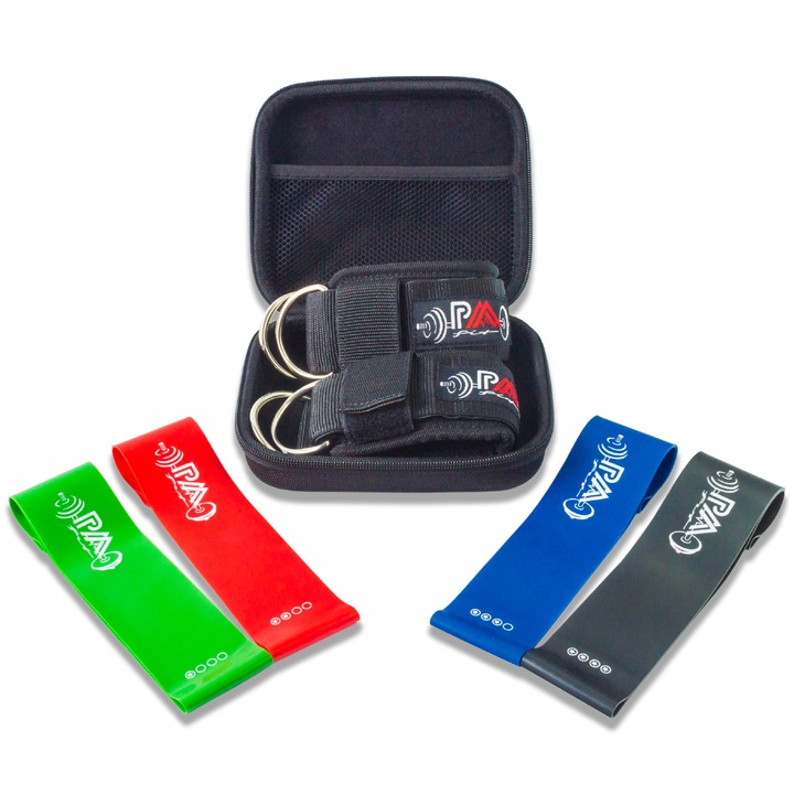 Комплект от 2 ленти за глезена, 4 еластични ленти с различно съпротивление и кутия за съхранение