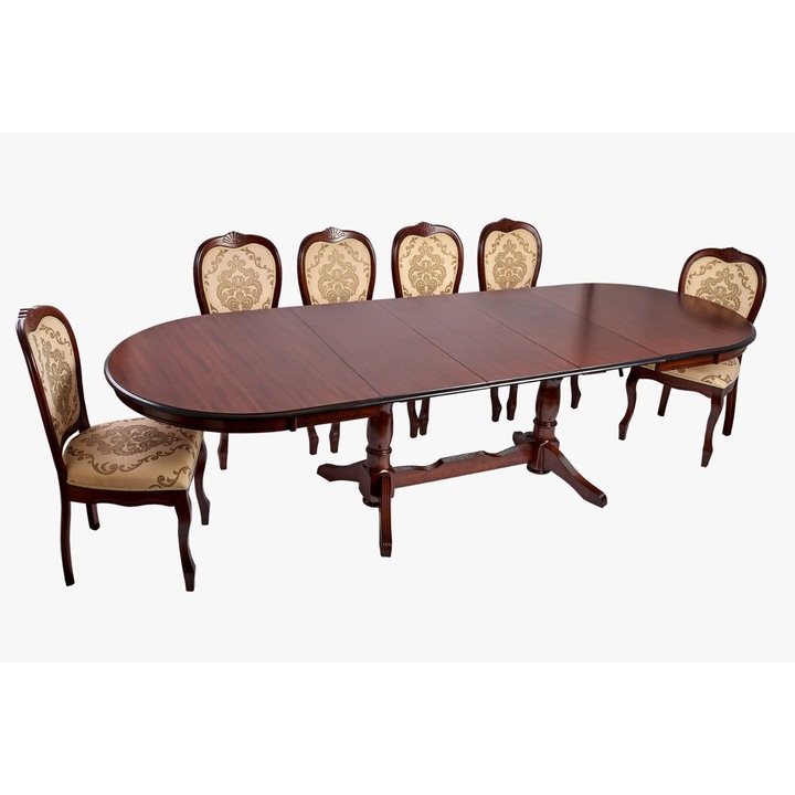 Set mobilier living masa cu 6 scaune, 160cm restransa, 280 cm extinsa, 100cm lungime, 75cm inaltime, maro