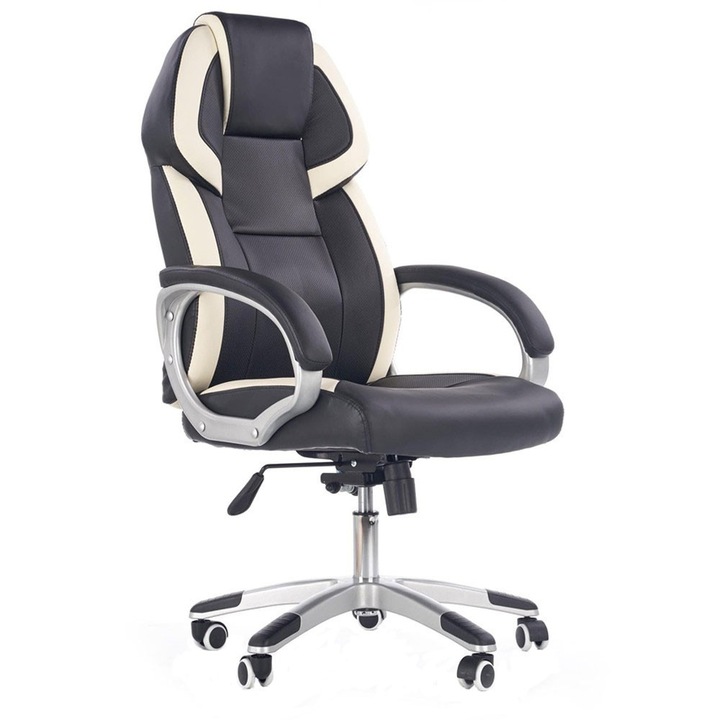 Scaun directorial piele ecologica alb / negru, AX Barbu