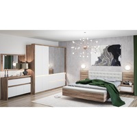 Set Dormitor Modern Terra, Pal Melaminat 16 - 32 mm, Salina Oak/Alb Mat ,Pat Alb , Dulap + LED