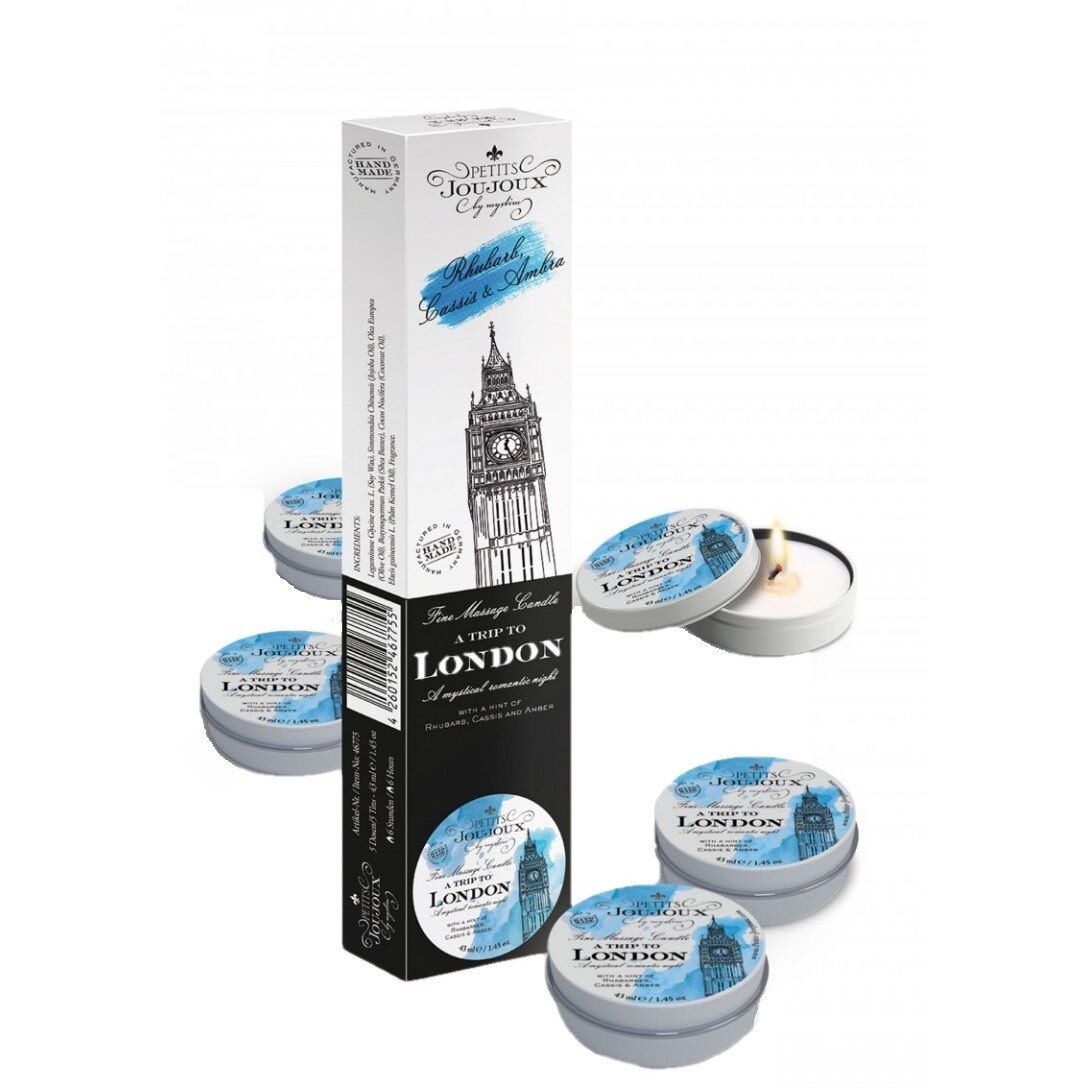 Cutie cu 5 lumanari de masaj Londra, aroma de rubarba, ambra si cassis, Petits Joujoux