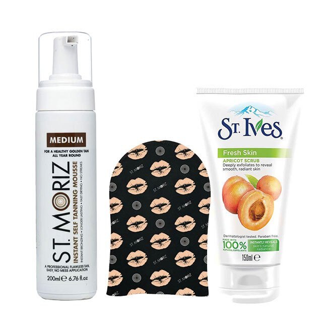 Pachet complet pentru autobronzare profesionala ST MORIZ cu Spuma Medium, Manusa si Exfoliant ST IVES