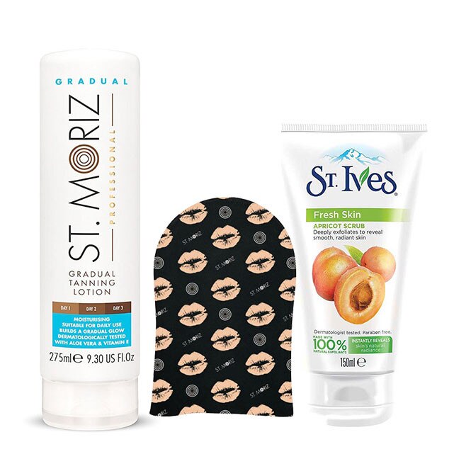 Pachet complet pentru autobronzare profesionala ST MORIZ cu Lotiune Gradual Tan, Manusa si Exfoliant ST IVES