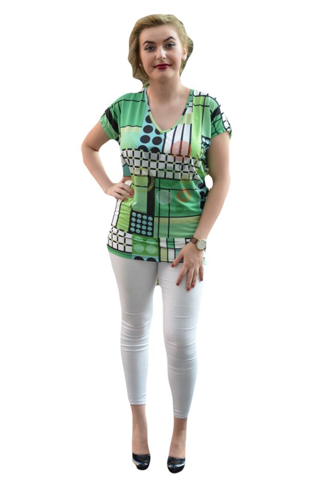 Tricou modern cu model, decolteu in V fata-verso, D&J Exclusive, Verde
