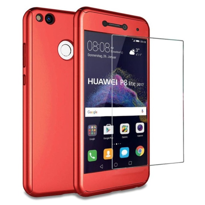 Калъф Full cover 360° (преден + гръб + стъкло) за Huawei P9 Lite 2017 / P8 Lite 2017, червен