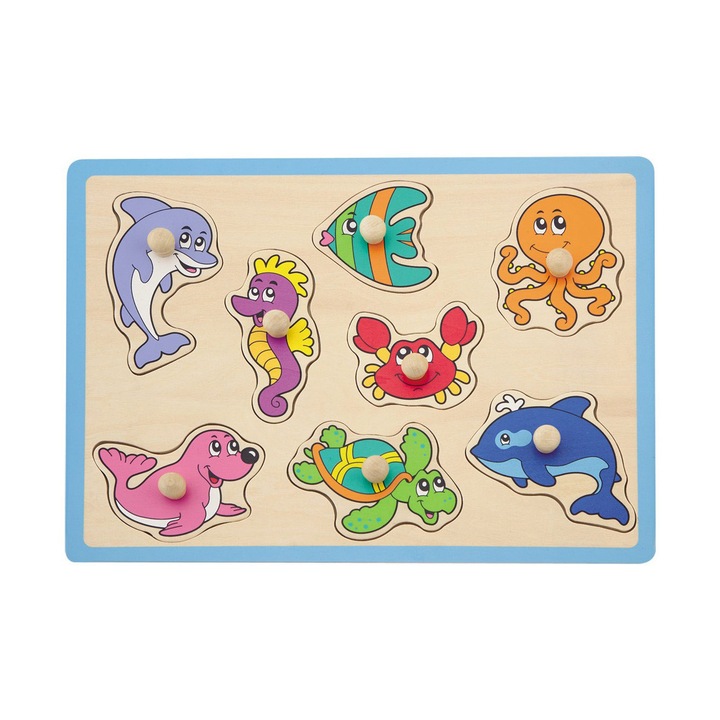 Puzzle, Joueco, din lemn 30 x 27 cm, 18 luni+, 8 piese, Animale acvatice