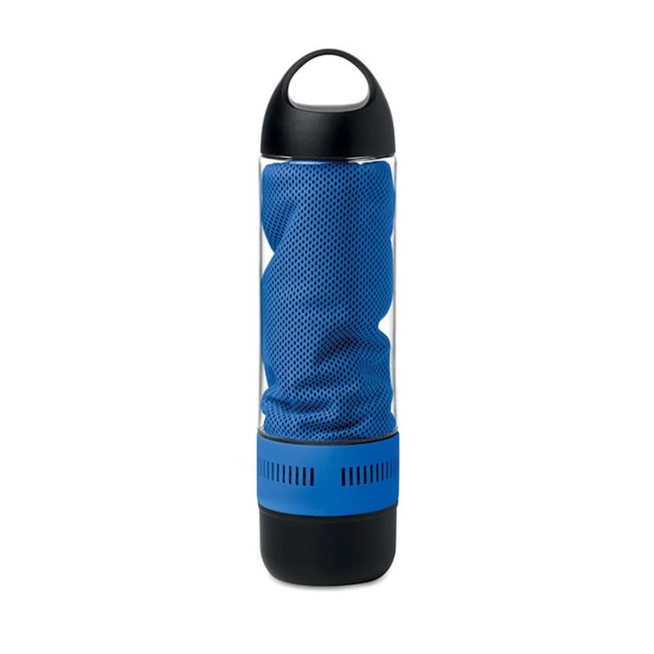 Set sport 3 piese, sticla apa 500 ml, din Tritan BPA-free + prosop sport + boxa portabila integrata, albastra