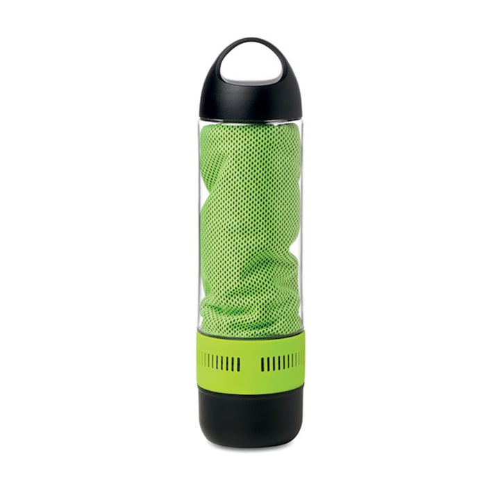 Set sport 3 piese, sticla apa 500 ml, din Tritan BPA free + prosop sport + boxa portabila integrata, verde