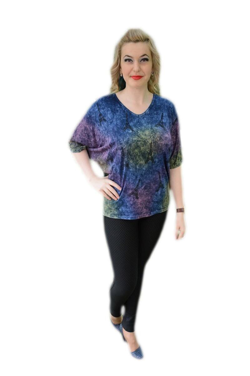 Tricou in tendinte, decolteu in V, pietre fine, D&J Exclusive, Albastru marin