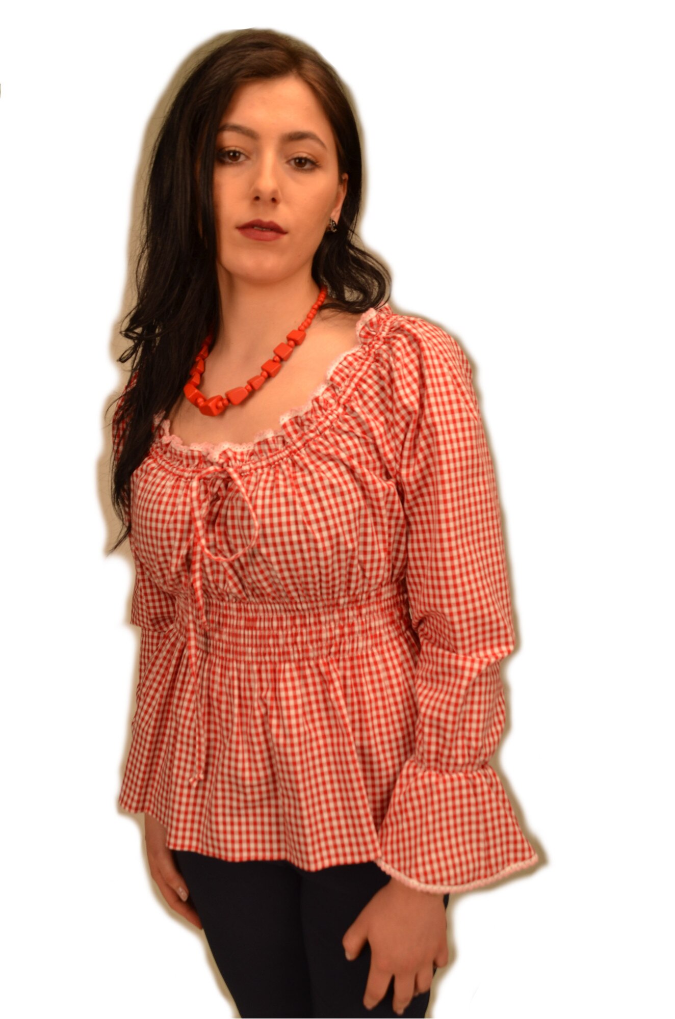 Bluza de tip ie cu garnitura de dantela roz , 84747LM, Rosu