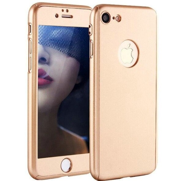 Husa Full Cover 360° (fata + spate + geam sticla) pentru Apple iPhone 8, auriu