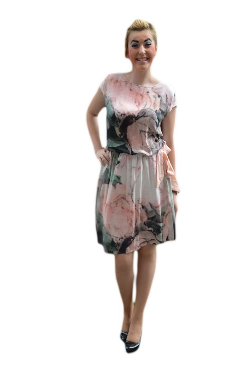 Rochie cu imprimeu rafinat, model scurt cu croi lejer, D&J Exclusive, pudra