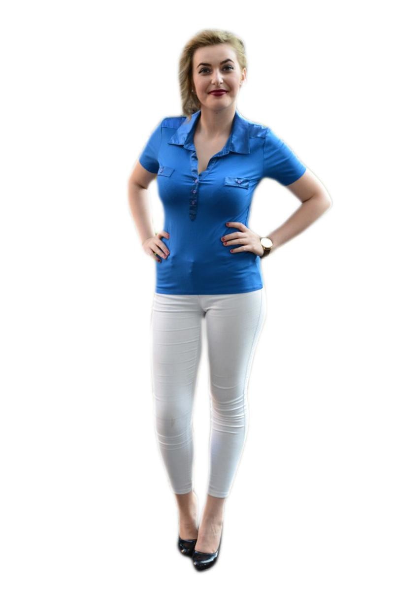 Tricou cu aspect clasic, detalii din saten lucios, D&J Exclusive, Albastru