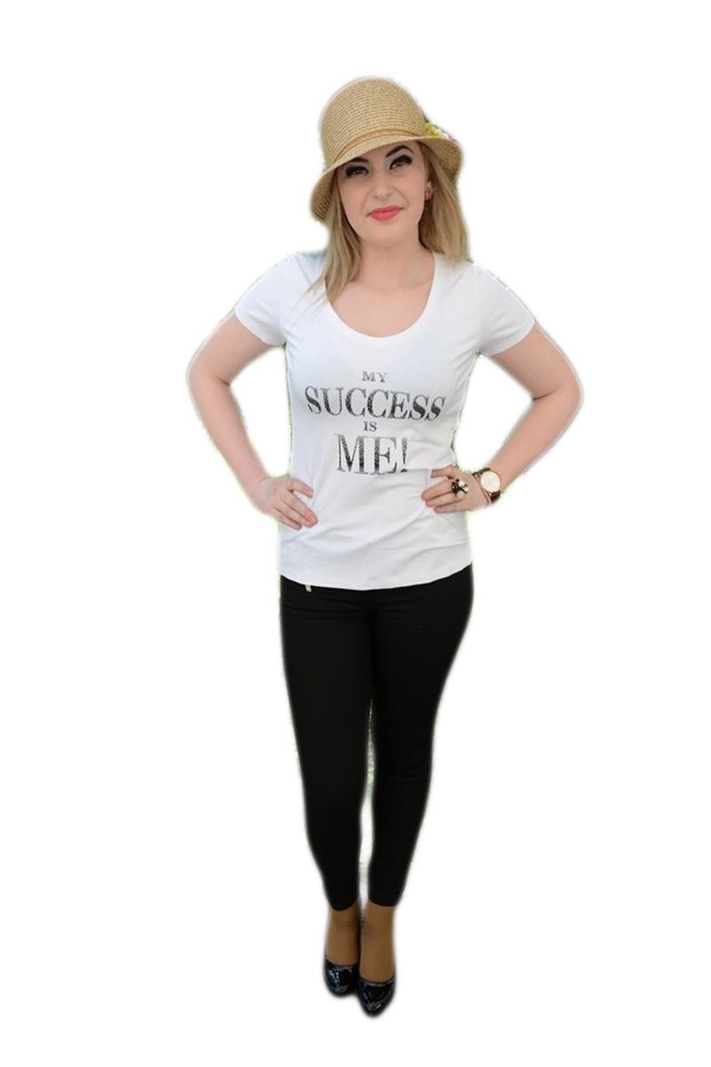 Tricou alb cu imprimeu trendy, maneca scurta si decolteu rotund, D&J Exclisive, Alb