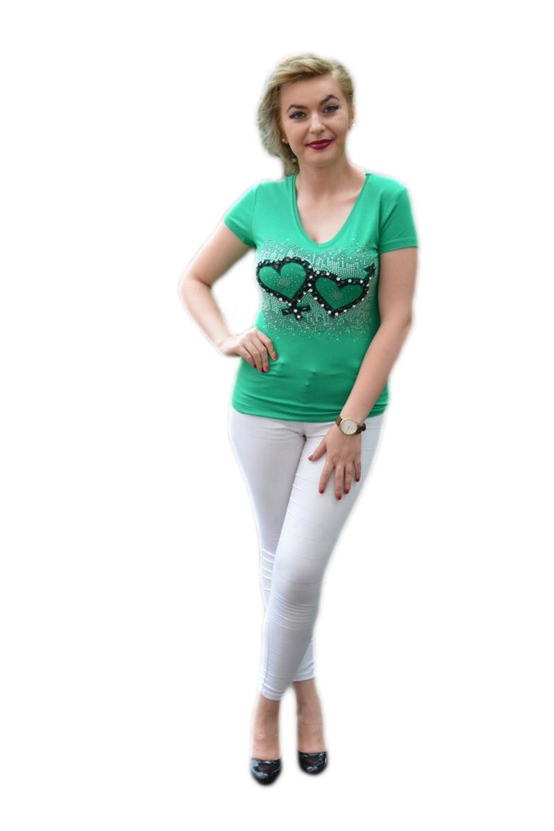 Tricou casual cu insertii de pietre colorate, D&J Exclusive, Verde
