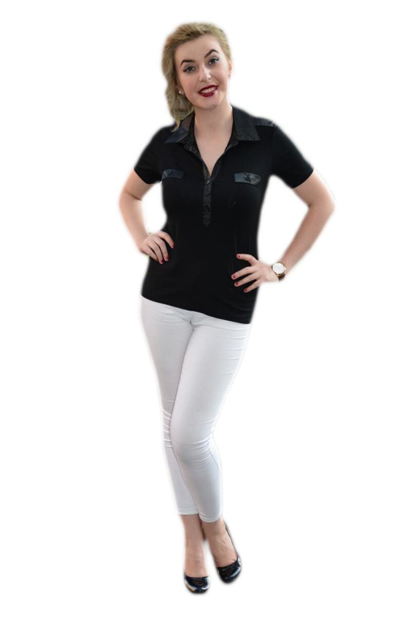 Tricou cu aspect clasic, detalii din saten lucios, D&J Exclusive, Negru