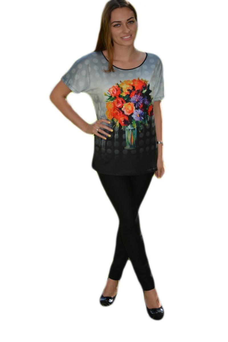 Tricou fashion cu imprimeu floral si dantela, D&J Exclusive, Alb/Negru