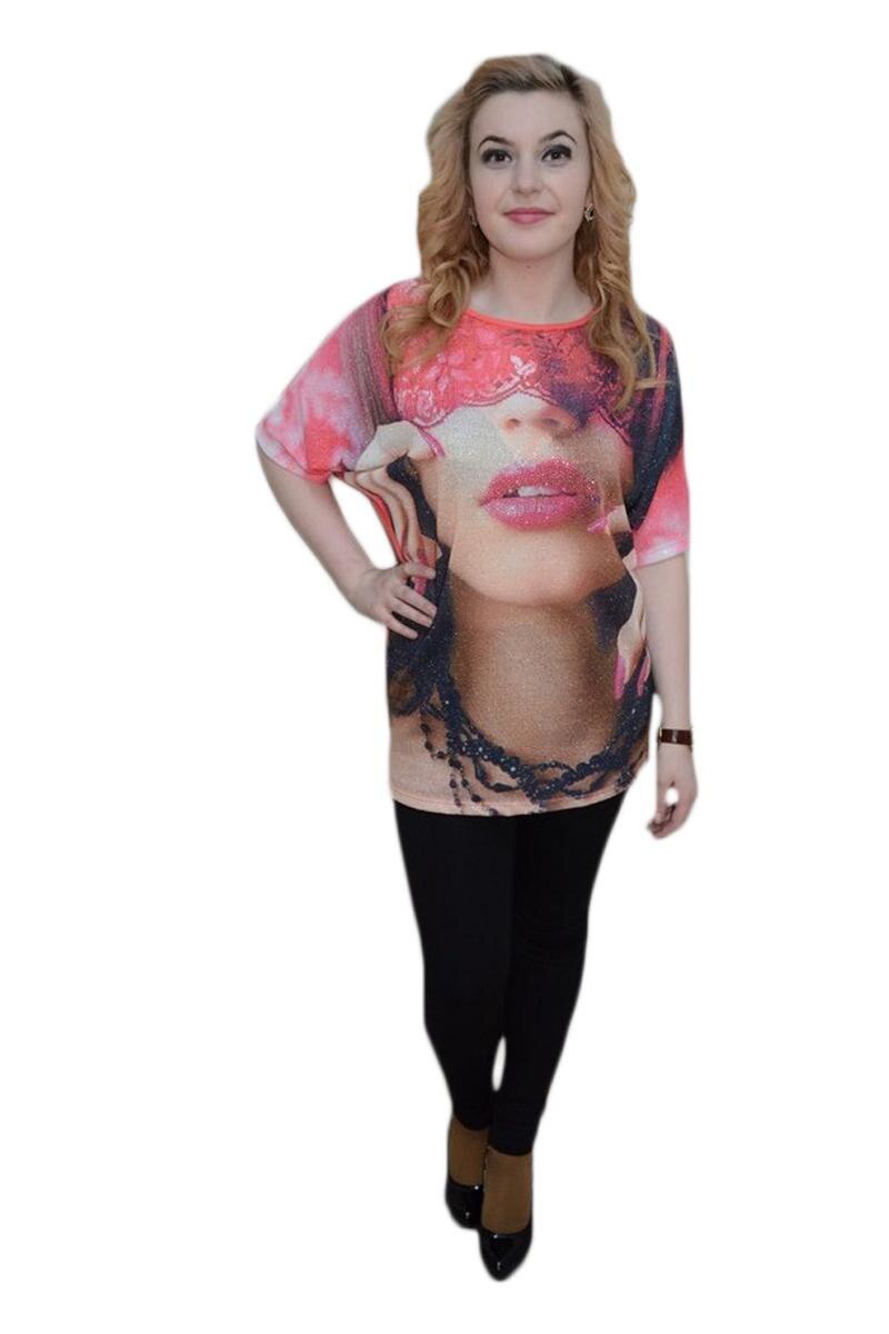 Tricou cu imprimeu deosebit , maneci scurte, D&J Exclusive, Corai