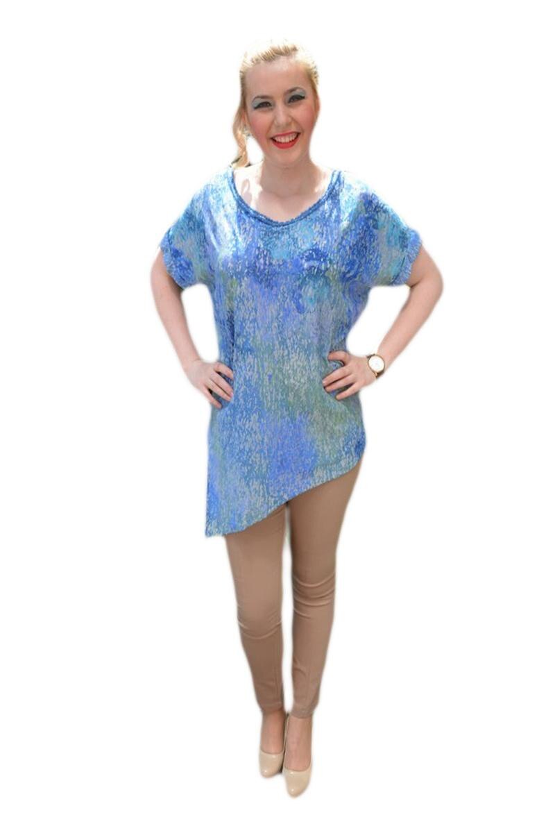 Tricou asimertic cu imprimeu abstract, D&J Exclusive, Albastru