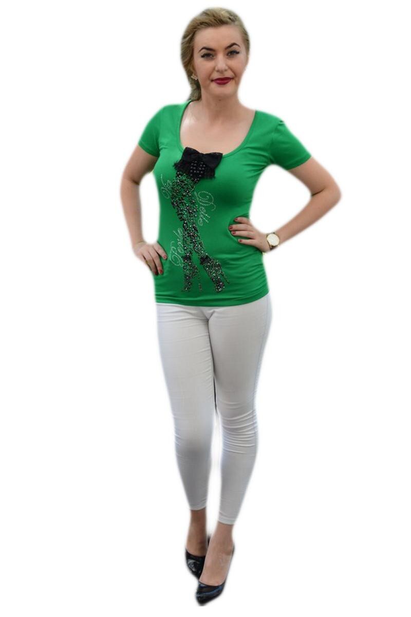 Tricou cu maneca scurta, cu insertie de strasuri si margele, D&J Excusive, Verde, M