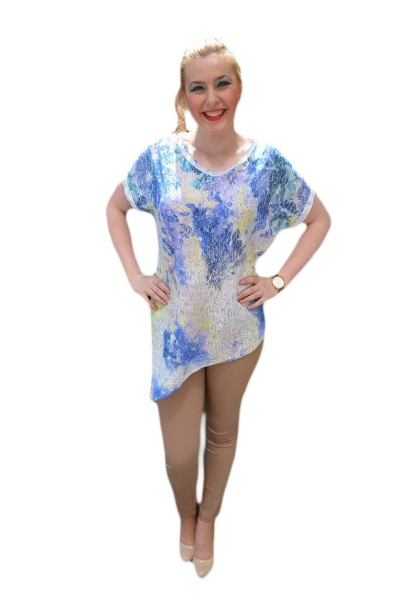 Tricou asimertic cu imprimeu abstract, D&J Exclusive, Alb/Albastru