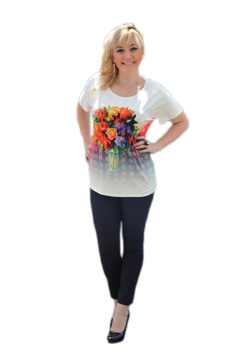 Tricou rafinat cu model colorat si croiala lejera, D&J Exclusive, Alb