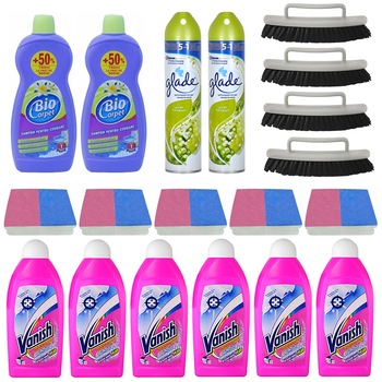 Pachet - 6 x Vanish Solutie albit si apretat perdelele, Oxi Action, Crystal white, 500ml + 5 x Bureti de vase + 4 x Perie de covoare + 2 x Biocarpet, solutie pentru covoare, 750ml + 2 x Glade, Spray de camera, Lacramioare, 300ml Pachet - 6 x Vanish Solutie albit si apretat perdelele, Oxi Action, Crystal white, 500ml + 5 x Bureti de vase + 4 x Perie de covoare + 2 x Biocarpet, solutie pentru covoare, 750ml + 2 x Glade, Spray de camera, Lacramioare, 300ml