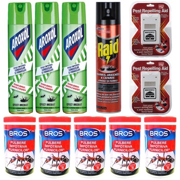 Pachet - 5 x Bros pulbere impotriva furnicilor, 100g + 2 x Aparat anti-rozatoare cu ultrasunete + 3 x Aroxol spray impotriva gandacilor si furnicilor, 500ml + Raid spray anti-insecte taratoare, 400ml Pachet - 5 x Bros pulbere impotriva furnicilor, 100g + 2 x Aparat anti-rozatoare cu ultrasunete + 3 x Aroxol spray impotriva gandacilor si furnicilor, 500ml + Raid spray anti-insecte taratoare, 400ml