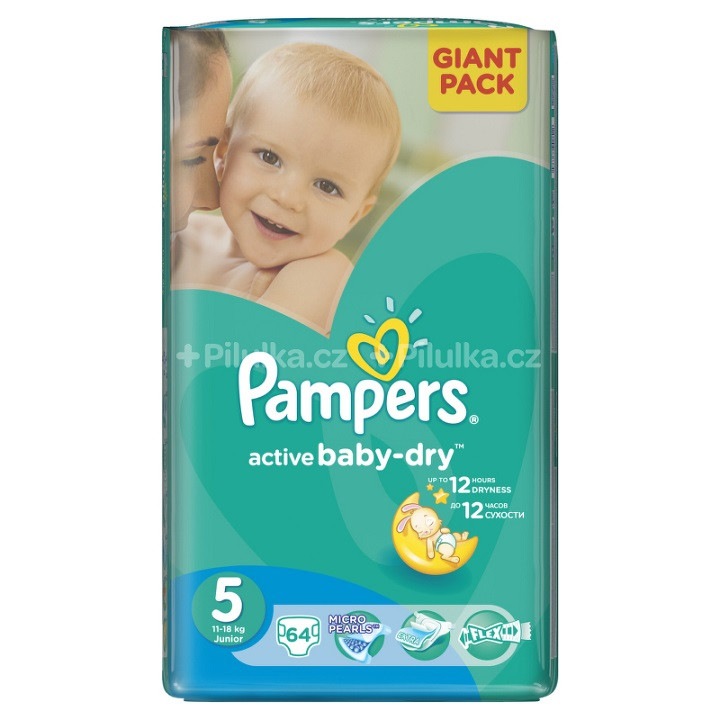 Пелени Pampers, Active Baby-Dry, 64 броя, Giant Pack, No 5, 11-18 кг