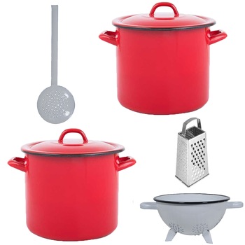 Pachet - 2 x Oala rosie emailata cu capac, 6L + Strecuratoare emailata cu picioare, 18cm + Spumiera emailata + Razatoare din inox Pachet - 2 x Oala rosie emailata cu capac, 6L + Strecuratoare emailata cu picioare, 18cm + Spumiera emailata + Razatoare din inox