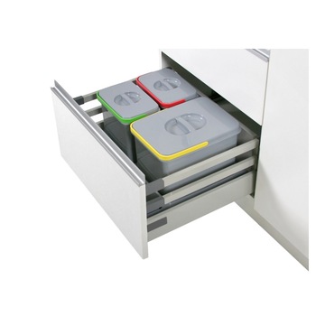 Cos de gunoi Praktico incorporabil in sertar, colectare selectiva cu 3 recipiente, pentru corp de 600 mm latime, H 300 mm Cos de gunoi Praktico incorporabil in sertar, colectare selectiva cu 3 recipiente, pentru corp de 600 mm latime, H 300 mm