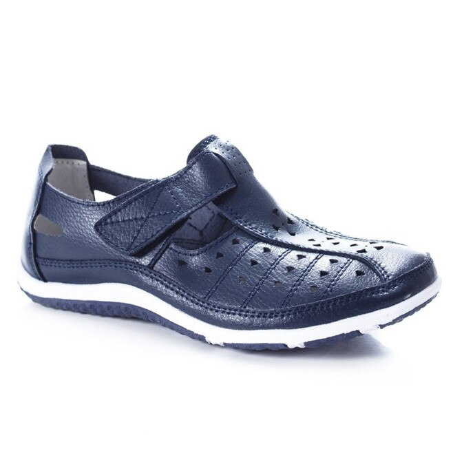 Pantofi comozi din piele cu perforati si bareta, D&J Exclusive, Bleumarin