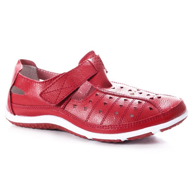 Pantofi comozi din piele cu perforati si bareta, D&J Exclusive, Rosu