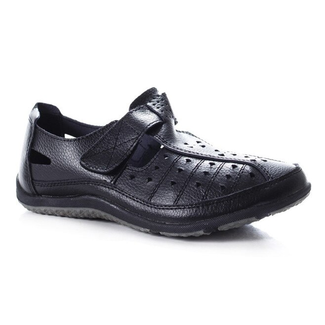 Pantofi comozi din piele cu perforati si bareta, D&J Exclusive, Negru