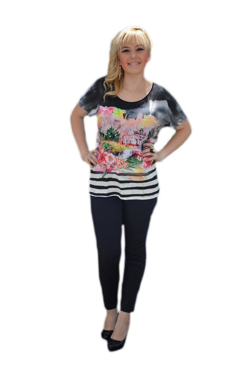 Tricou de primavara-vara cu imprimeu modern in fata, D&J Exclusive, Negru