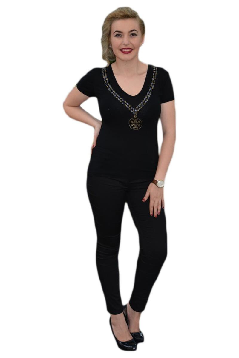 Tricou casual, cu strass-uri, D&J Exclusive, Negru