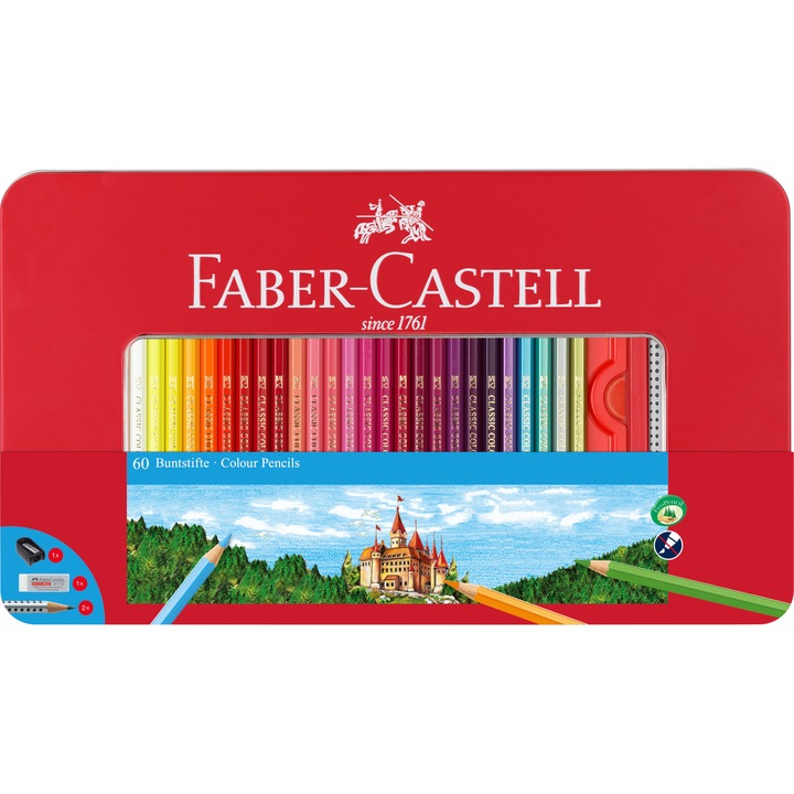 Цветни моливи Faber-Castell, 60 цвята, Метална кутия