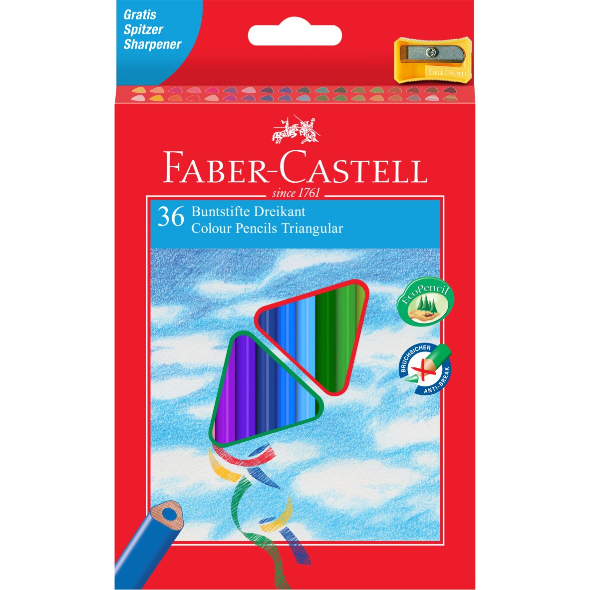 Creioane colorate triunghiulare Faber-Castell, 36 culori si ascutitoare Eco