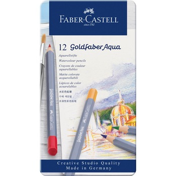 Creioane Colorate Aquarelle Faber-Castell, 12 culori, goldfaber cutie metal