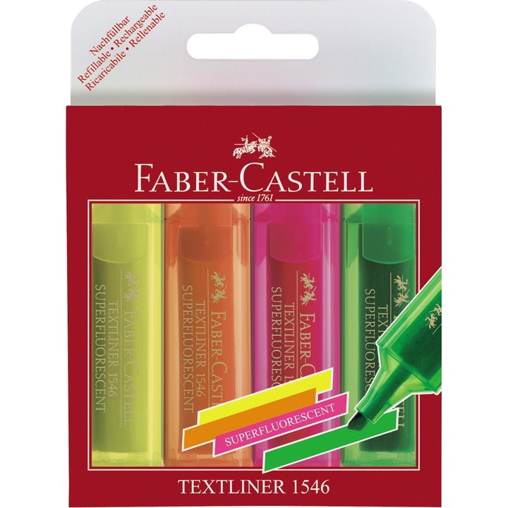 Текстмаркер Faber-Castell 1546 супер флуоресцентни, 4 броя/комплект