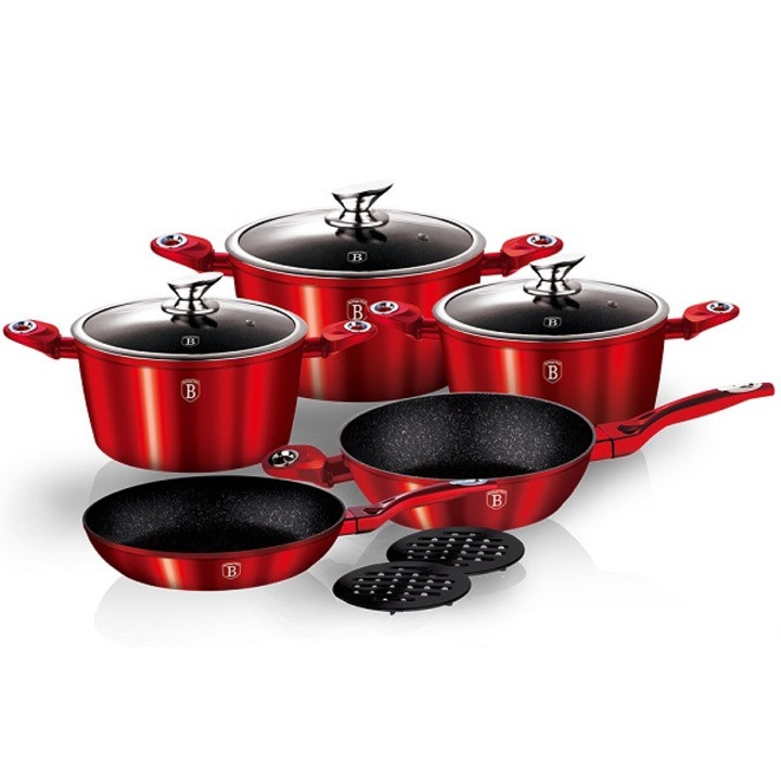 Комплект тенджери, мраморни 10 броя, бордо метална линия, мраморно покритие, BH1222N